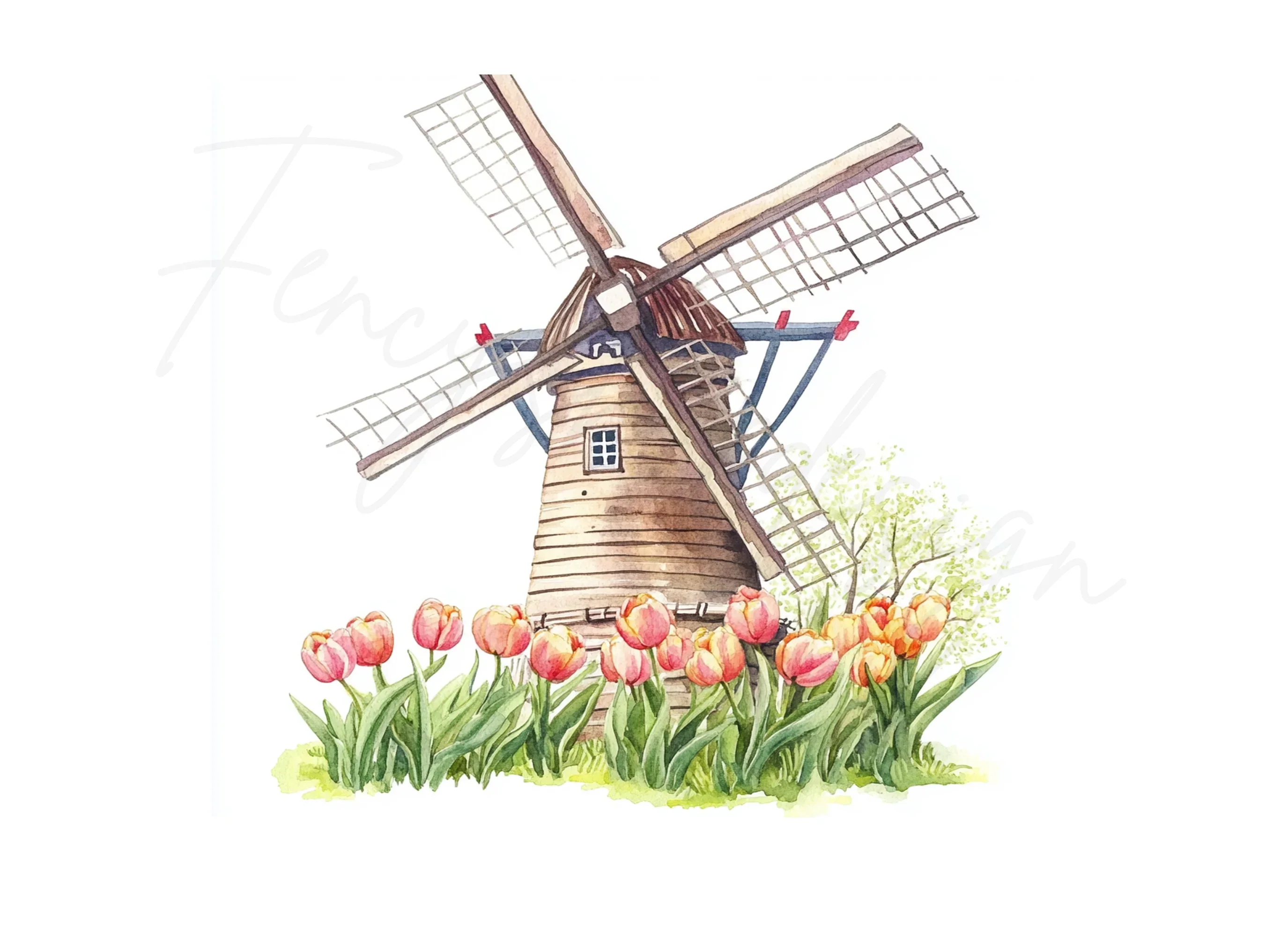 Windmill with Pink Tulips Clipart Bundle - Image 3