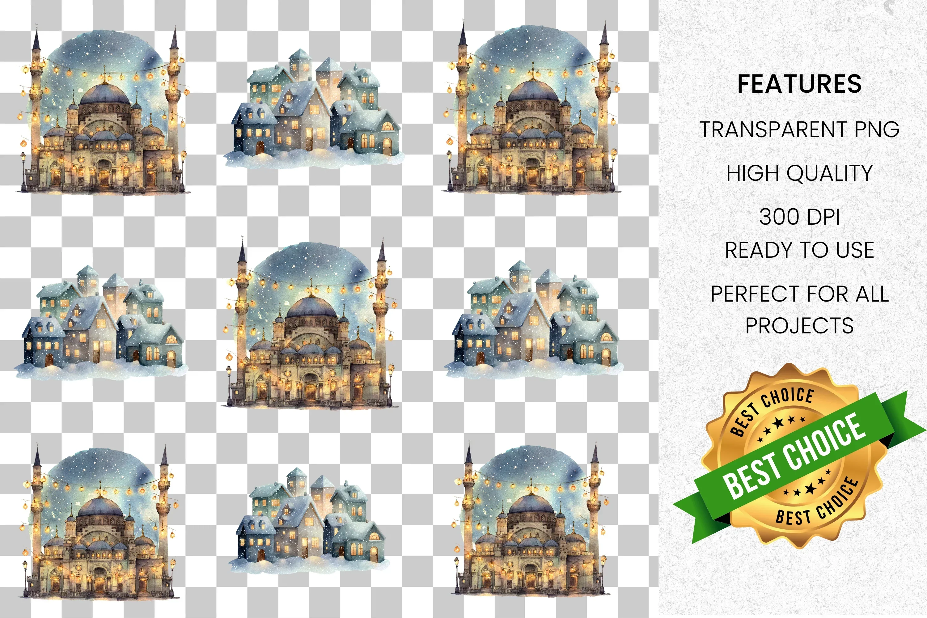 Winter Mosque and Snowy Village Clipart Bundle - Image 8