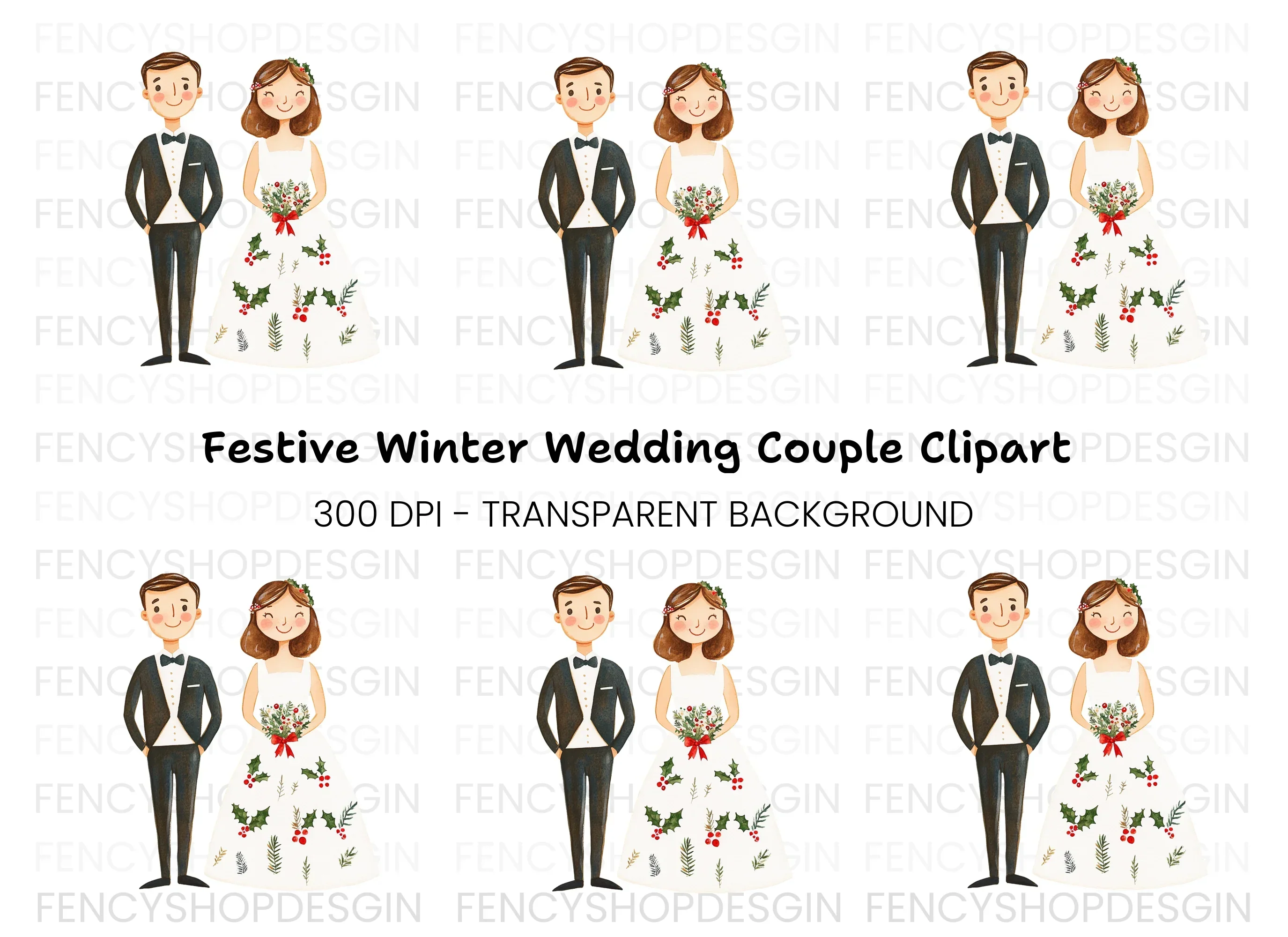 Winter Wedding Couple Clipart Bundle
