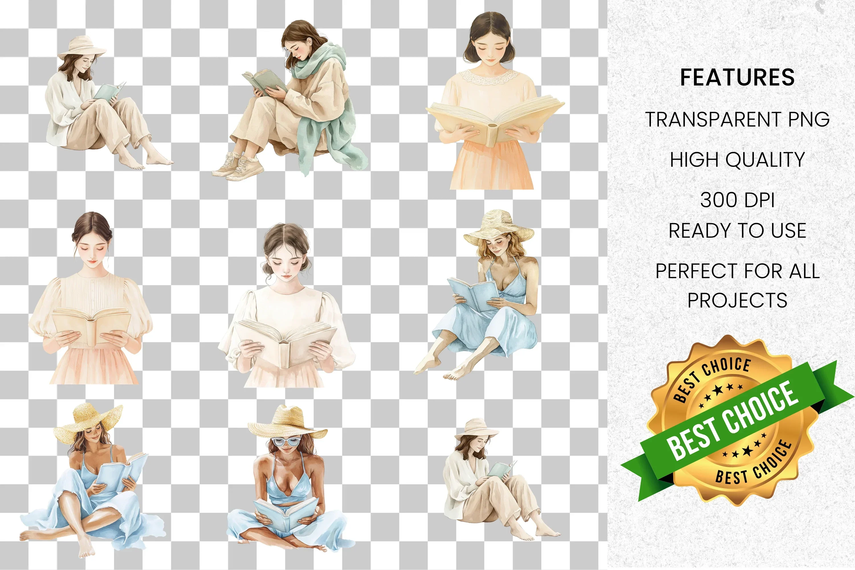 Women Reading Book Clipart Bundle - Image 8