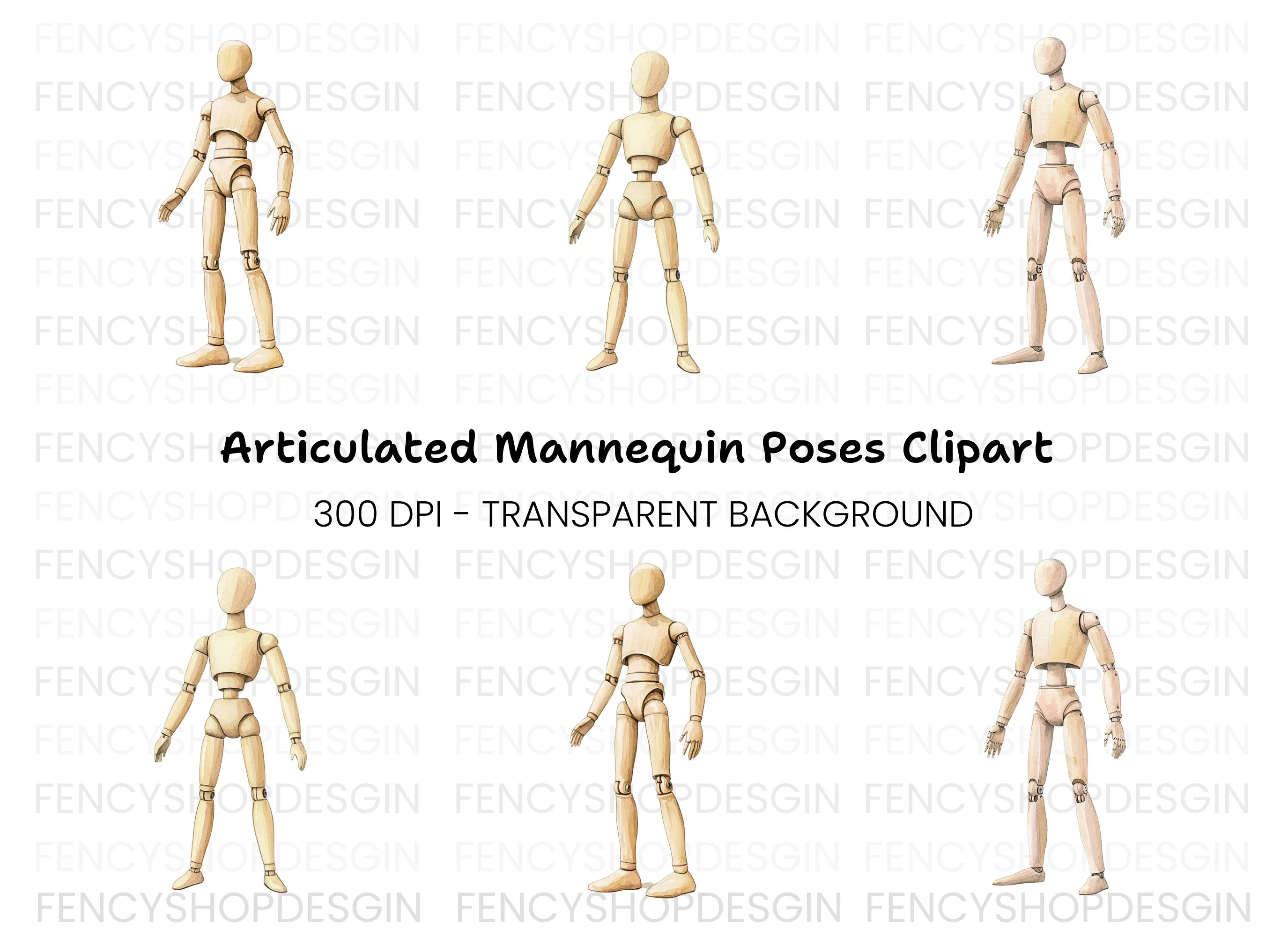 Wooden Mannequin Pose Figure Clipart Bundle