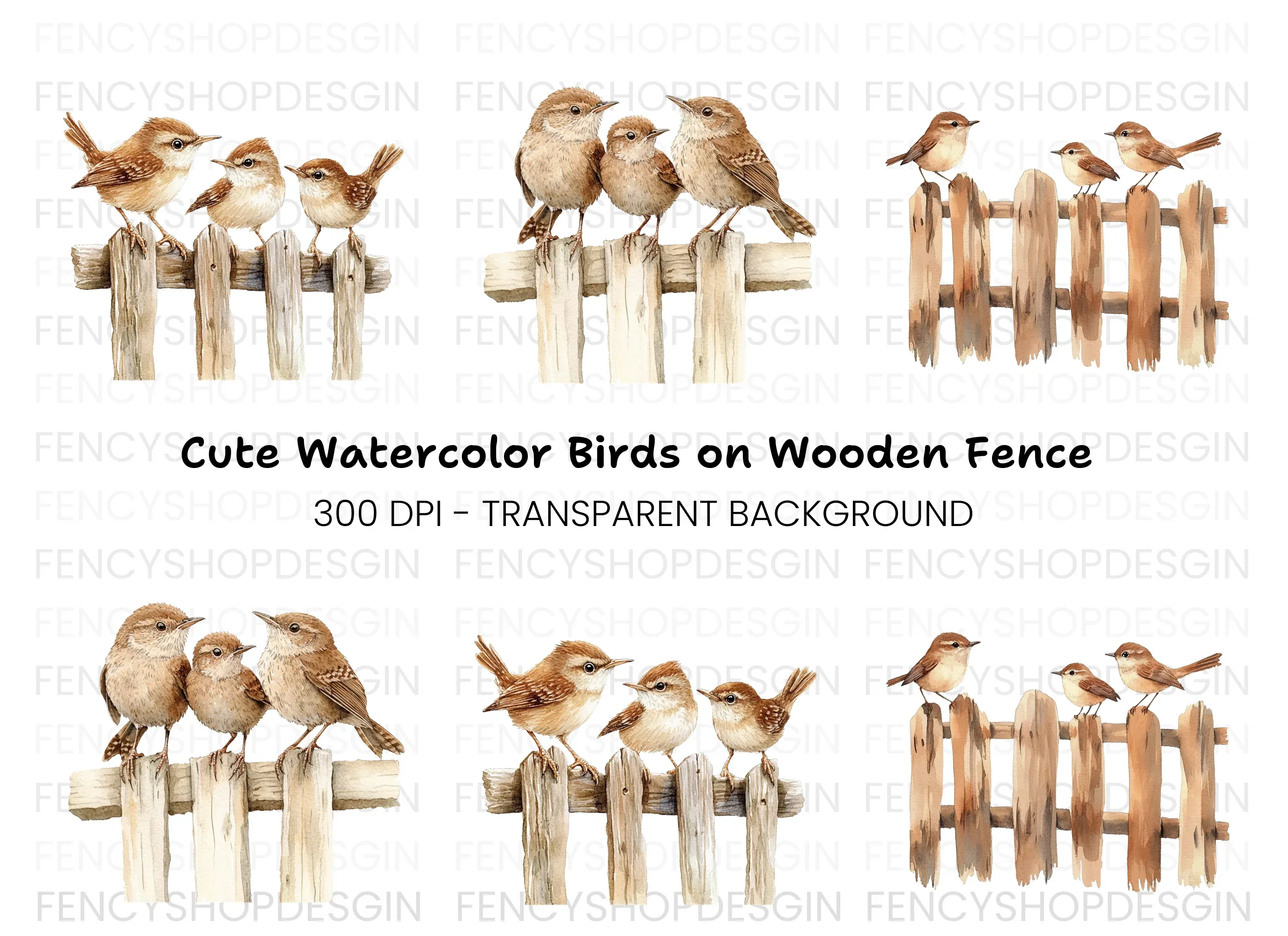 Wren Family on Wooden Fence Clipart Bundle