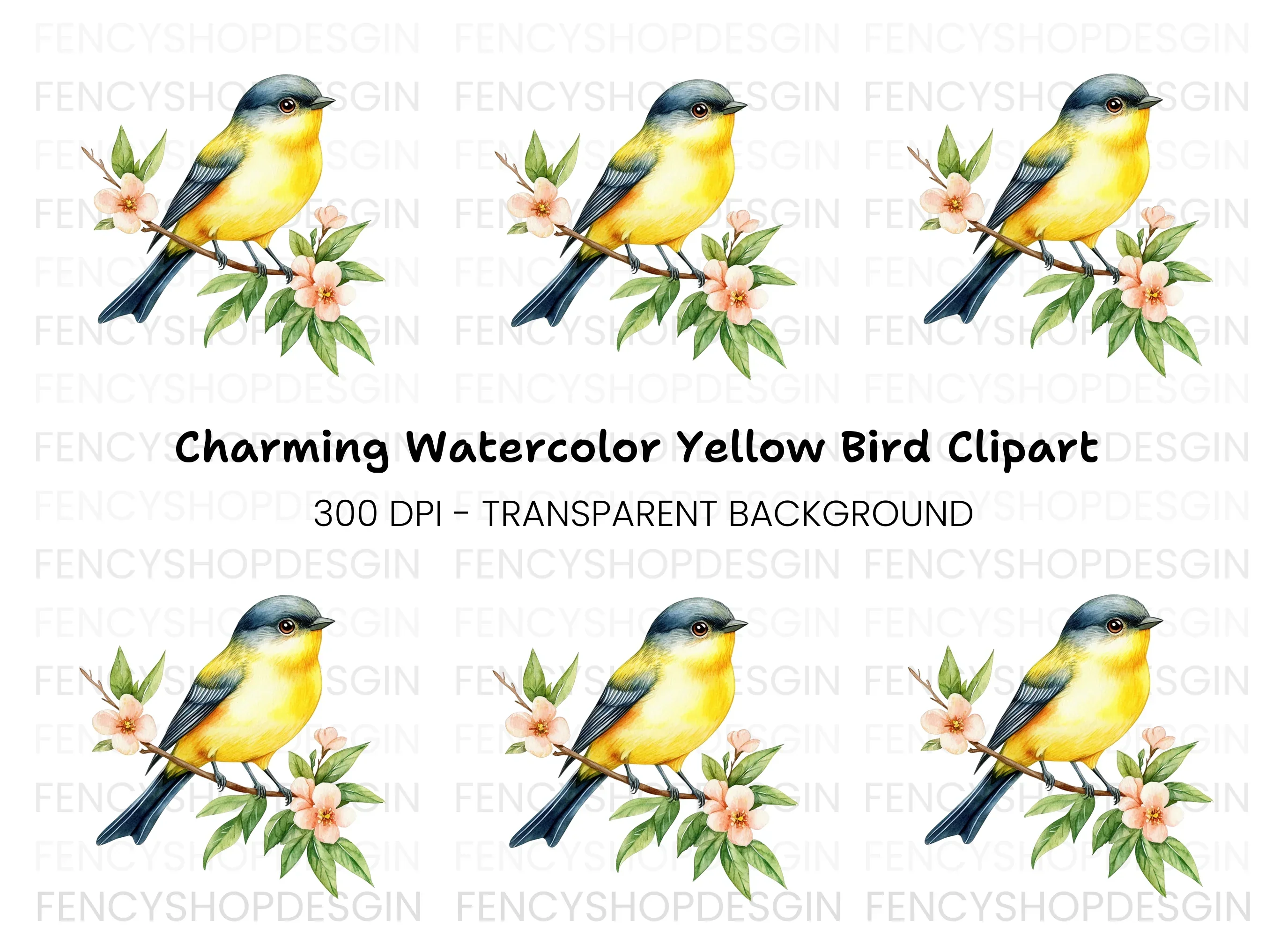 Yellow Bird on Branch Clipart Bundle