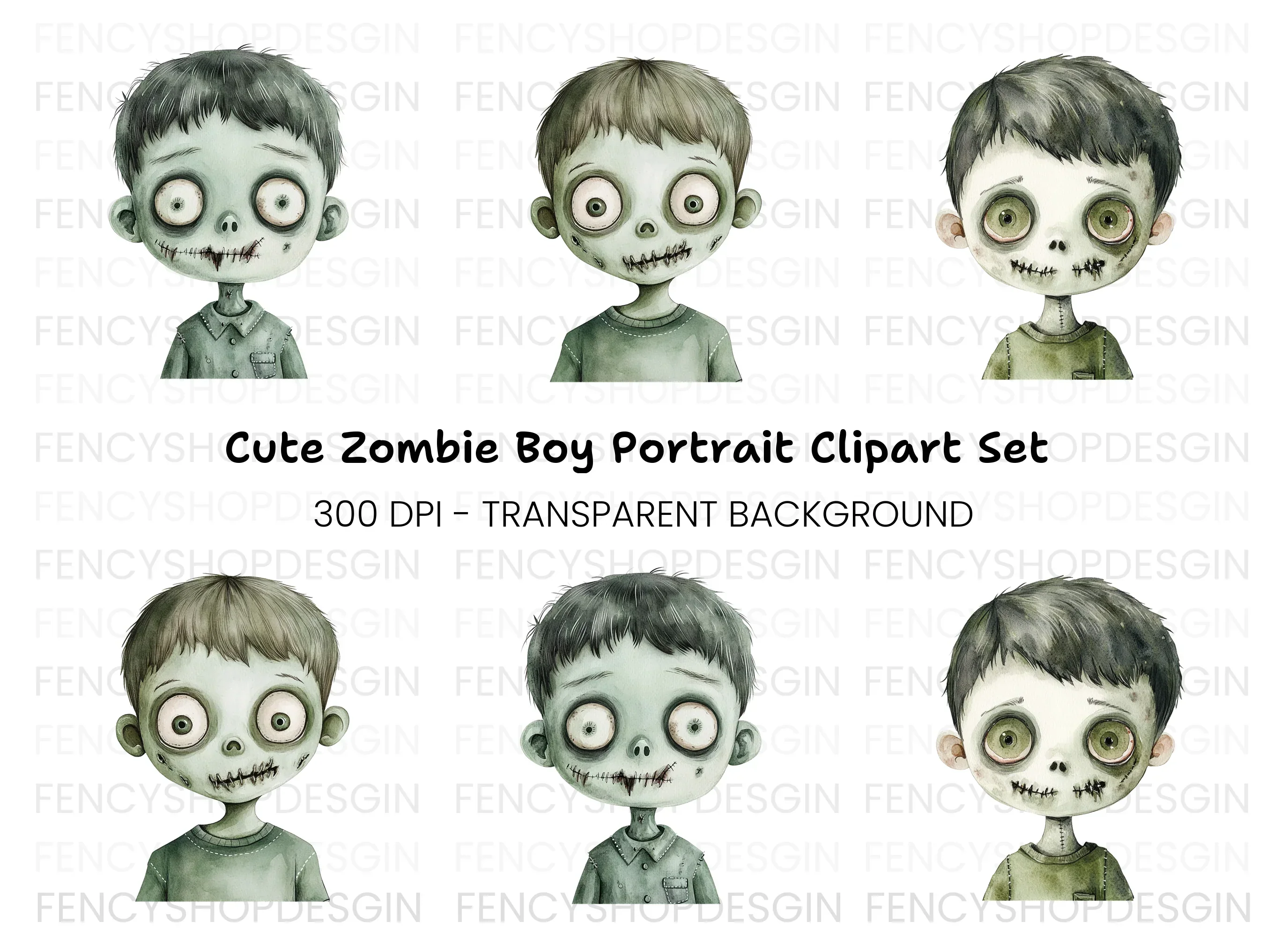 Zombie Boy Faces Clipart Bundle